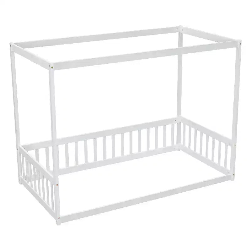 MAYEERTY Twin Canopy Frame Floor Bed with Guardrails, Fence, White
