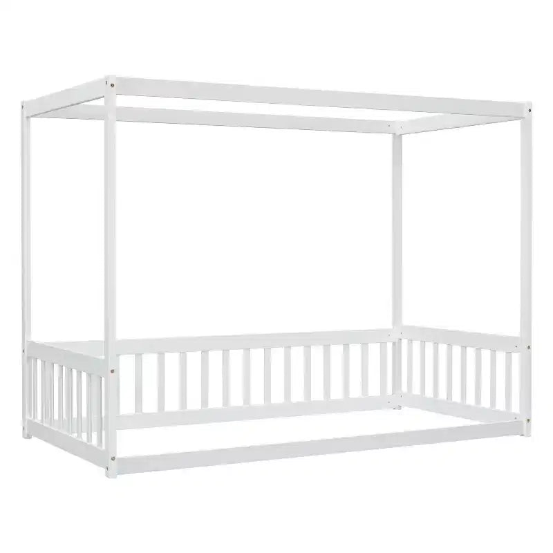MAYEERTY Twin Canopy Frame Floor Bed with Guardrails, Fence, White
