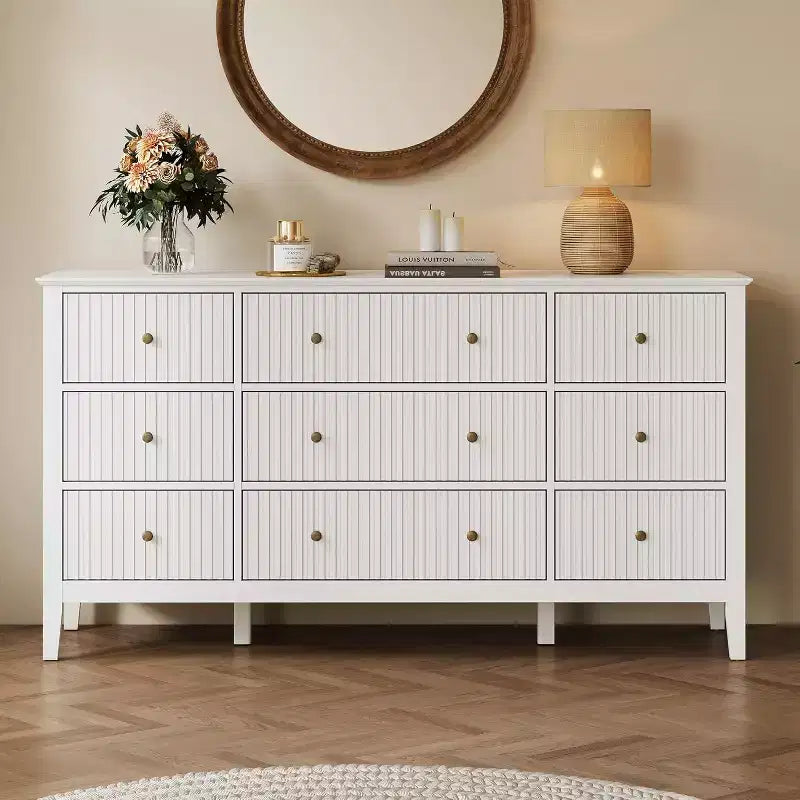 Heynemo Fluted 9 Drawer Dresser, 59 Wide Modern Chest of Drawers with Metal Handle, TV Stand Storage Organizer for Bedroom, Living Room