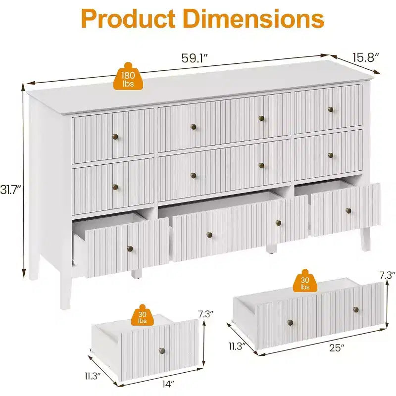 Heynemo Fluted 9 Drawer Dresser, 59 Wide Modern Chest of Drawers with Metal Handle, TV Stand Storage Organizer for Bedroom, Living Room