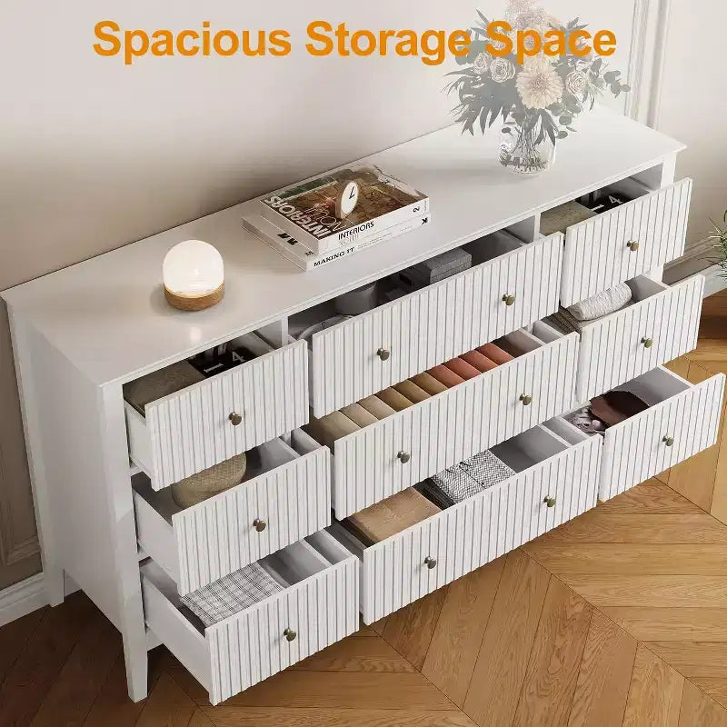 Heynemo Fluted 9 Drawer Dresser, 59 Wide Modern Chest of Drawers with Metal Handle, TV Stand Storage Organizer for Bedroom, Living Room
