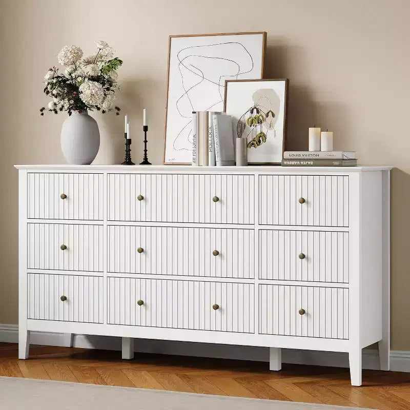Heynemo Fluted 9 Drawer Dresser, 59 Wide Modern Chest of Drawers with Metal Handle, TV Stand Storage Organizer for Bedroom, Living Room