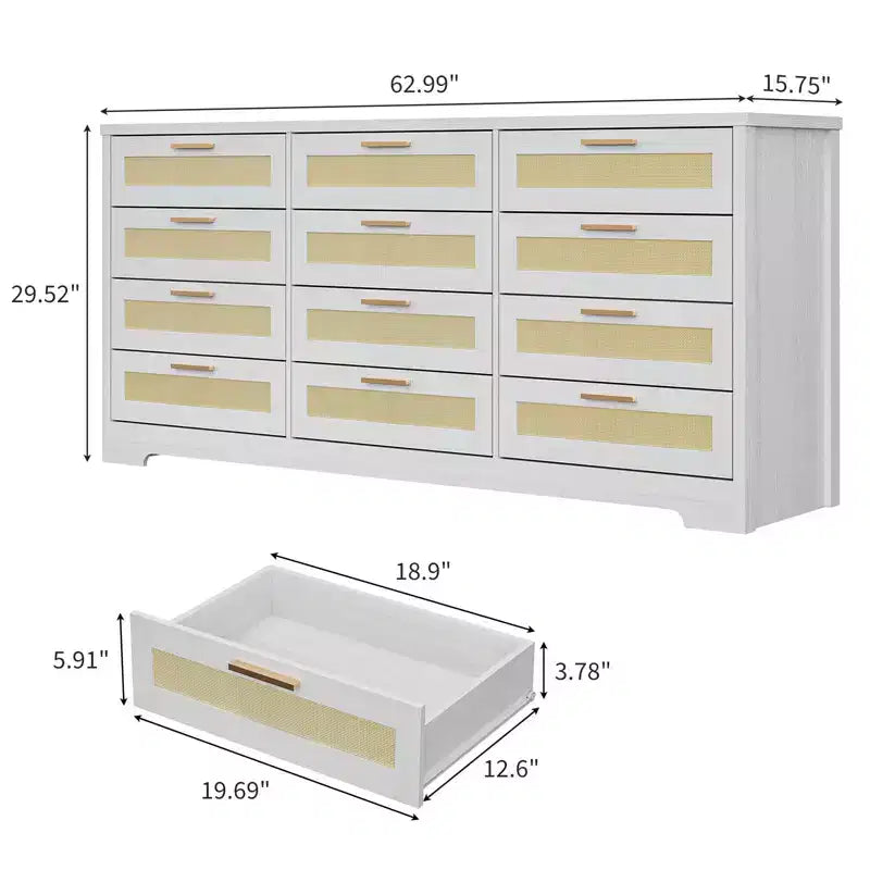 12 Drawer Dresser for Bedroom, Modern Farmhouse Rattan Chest of Drawers with Handles, Wood Dresser for Closet, Living Room, Entryway, and Hallway