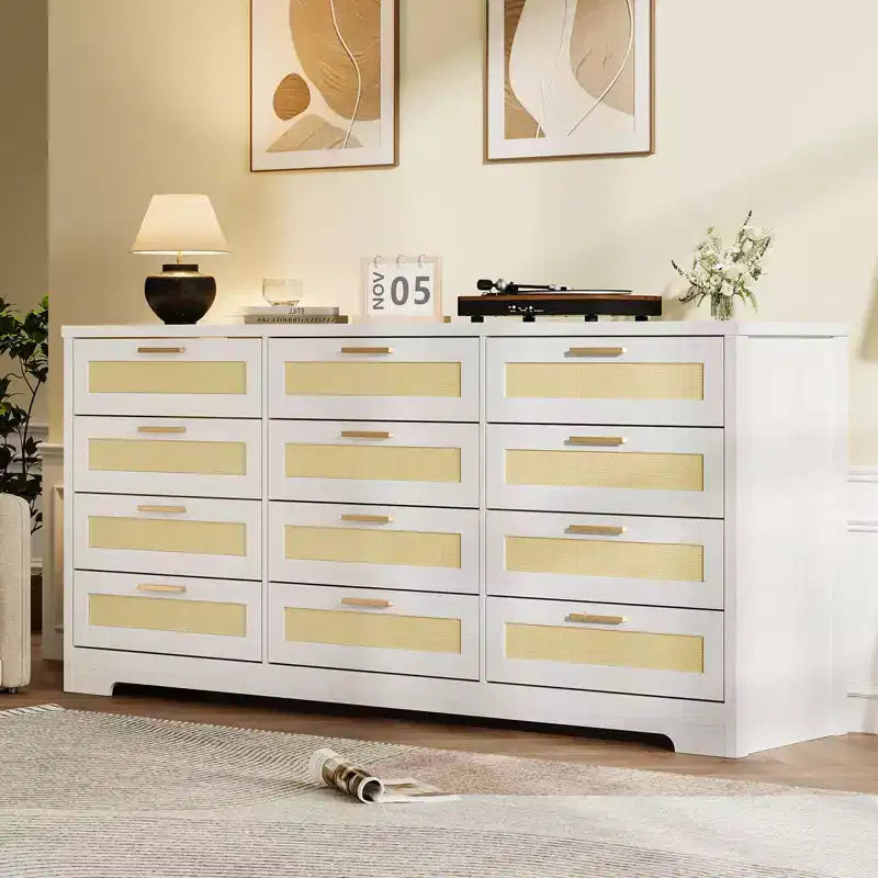 12 Drawer Dresser for Bedroom, Modern Farmhouse Rattan Chest of Drawers with Handles, Wood Dresser for Closet, Living Room, Entryway, and Hallway