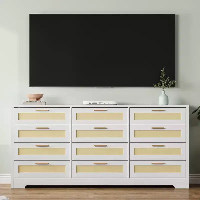 12 Drawer Dresser for Bedroom, Modern Farmhouse Rattan Chest of Drawers with Handles, Wood Dresser for Closet, Living Room, Entryway, and Hallway
