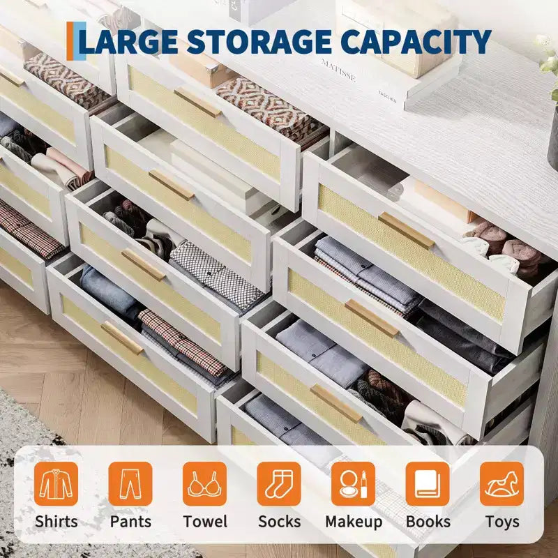 12 Drawer Dresser for Bedroom, Modern Farmhouse Rattan Chest of Drawers with Handles, Wood Dresser for Closet, Living Room, Entryway, and Hallway