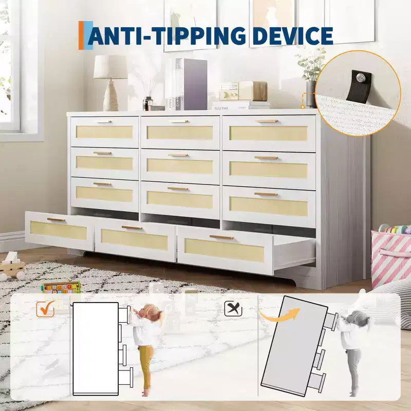 12 Drawer Dresser for Bedroom, Modern Farmhouse Rattan Chest of Drawers with Handles, Wood Dresser for Closet, Living Room, Entryway, and Hallway