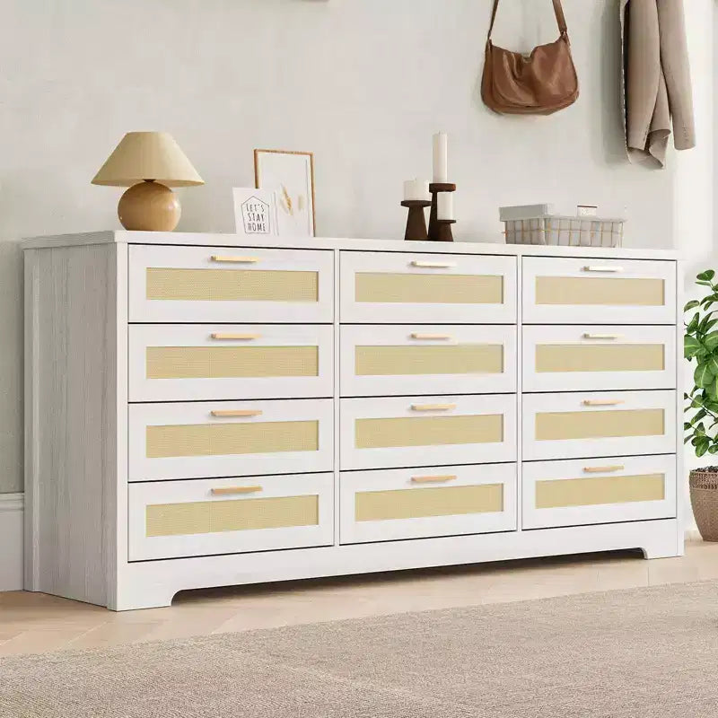 12 Drawer Dresser for Bedroom, Modern Farmhouse Rattan Chest of Drawers with Handles, Wood Dresser for Closet, Living Room, Entryway, and Hallway
