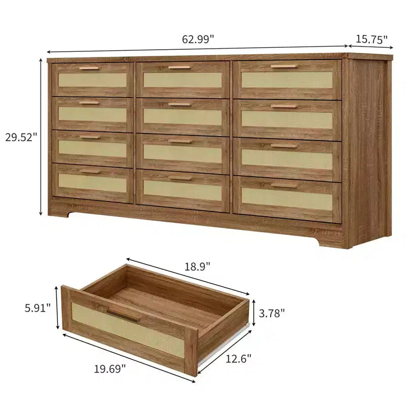 12 Drawer Dresser for Bedroom, Modern Farmhouse Rattan Chest of Drawers with Handles, Wood Dresser for Closet, Living Room, Entryway, and Hallway