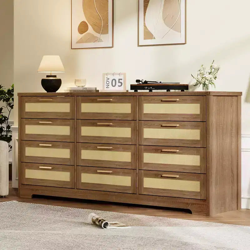 12 Drawer Dresser for Bedroom, Modern Farmhouse Rattan Chest of Drawers with Handles, Wood Dresser for Closet, Living Room, Entryway, and Hallway