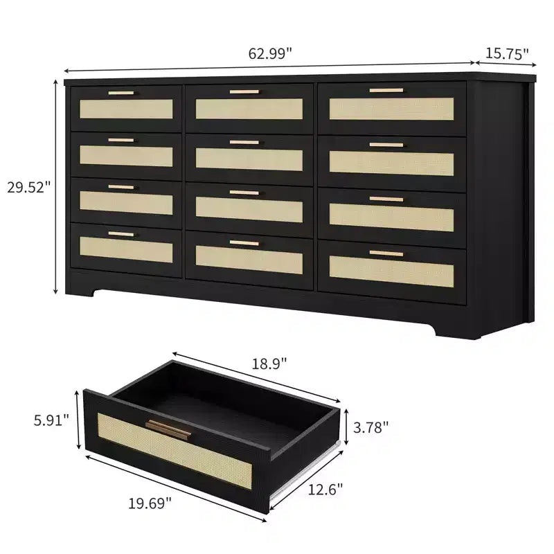 12 Drawer Dresser for Bedroom, Modern Farmhouse Rattan Chest of Drawers with Handles, Wood Dresser for Closet, Living Room, Entryway, and Hallway