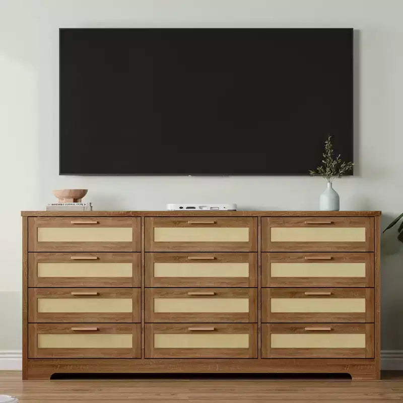 12 Drawer Dresser for Bedroom, Modern Farmhouse Rattan Chest of Drawers with Handles, Wood Dresser for Closet, Living Room, Entryway, and Hallway