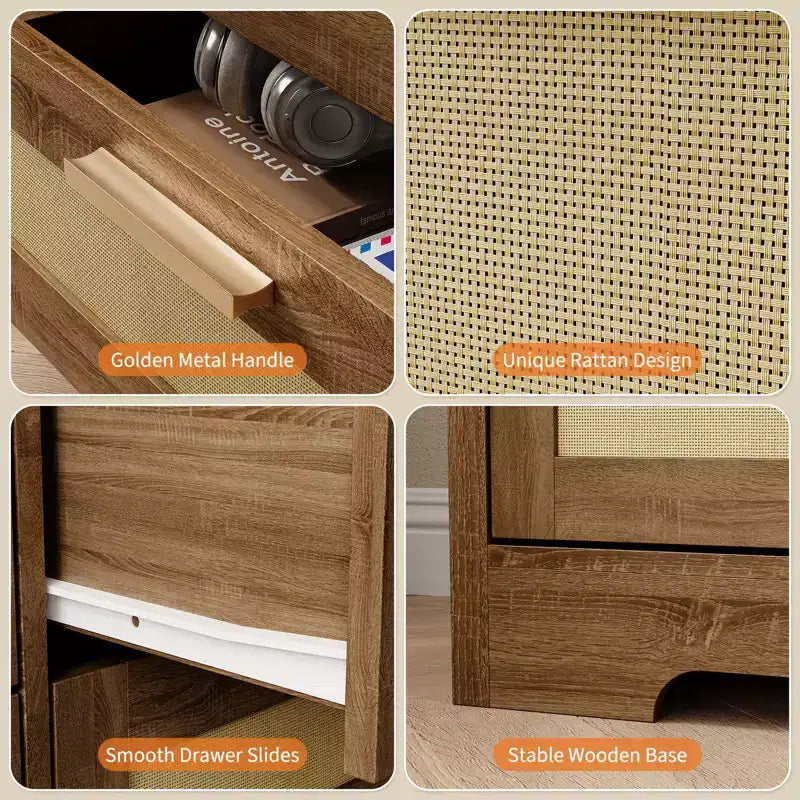 12 Drawer Dresser for Bedroom, Modern Farmhouse Rattan Chest of Drawers with Handles, Wood Dresser for Closet, Living Room, Entryway, and Hallway
