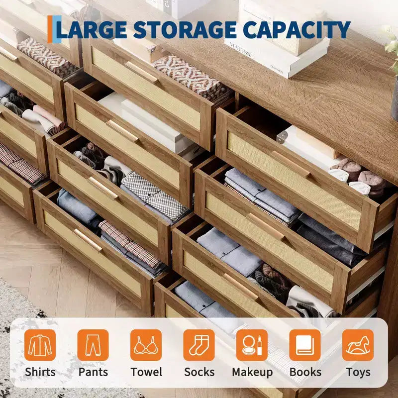 12 Drawer Dresser for Bedroom, Modern Farmhouse Rattan Chest of Drawers with Handles, Wood Dresser for Closet, Living Room, Entryway, and Hallway