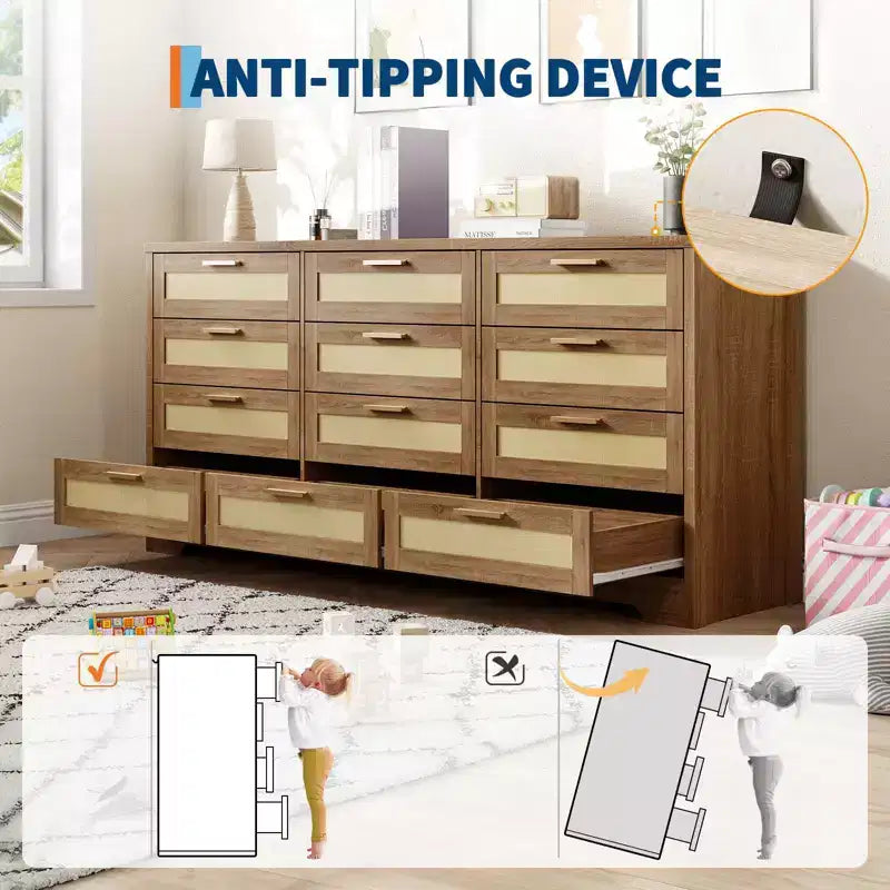 12 Drawer Dresser for Bedroom, Modern Farmhouse Rattan Chest of Drawers with Handles, Wood Dresser for Closet, Living Room, Entryway, and Hallway