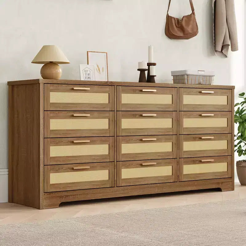 12 Drawer Dresser for Bedroom, Modern Farmhouse Rattan Chest of Drawers with Handles, Wood Dresser for Closet, Living Room, Entryway, and Hallway