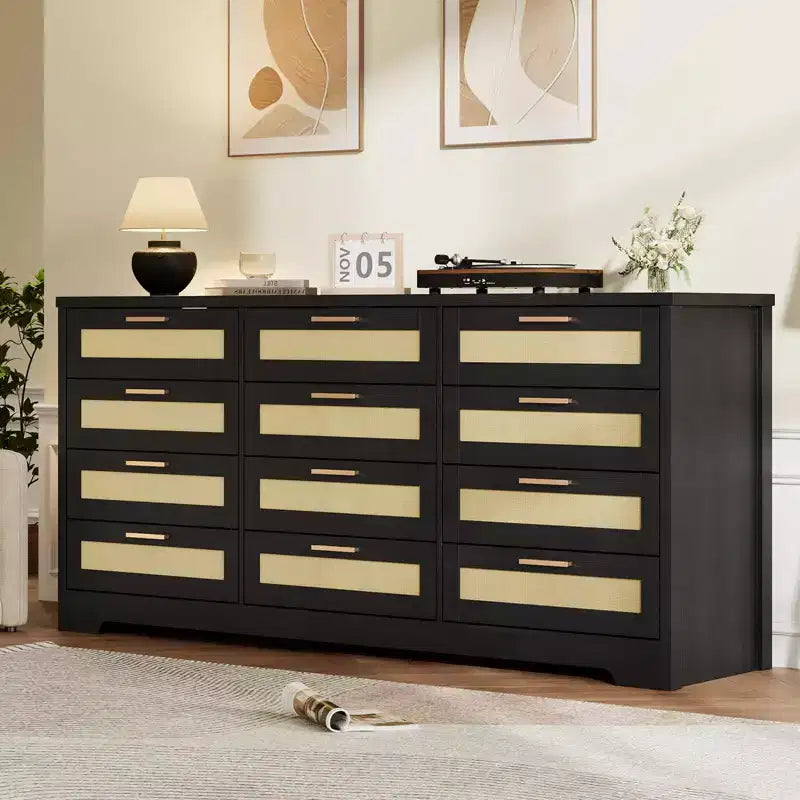 12 Drawer Dresser for Bedroom, Modern Farmhouse Rattan Chest of Drawers with Handles, Wood Dresser for Closet, Living Room, Entryway, and Hallway