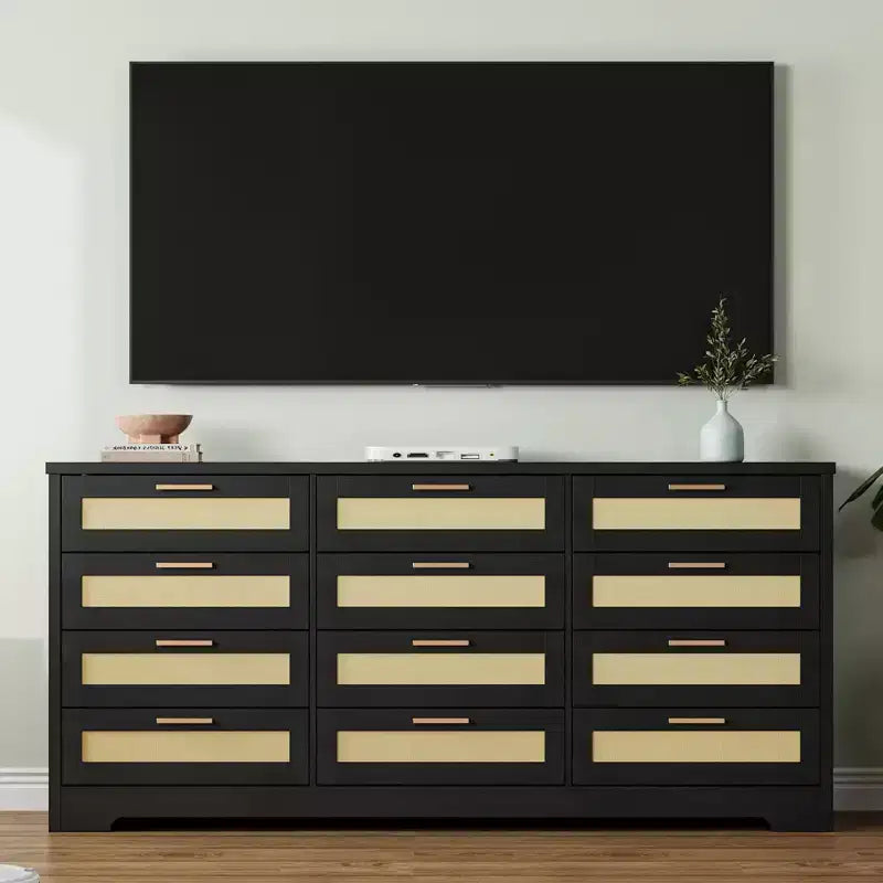 12 Drawer Dresser for Bedroom, Modern Farmhouse Rattan Chest of Drawers with Handles, Wood Dresser for Closet, Living Room, Entryway, and Hallway