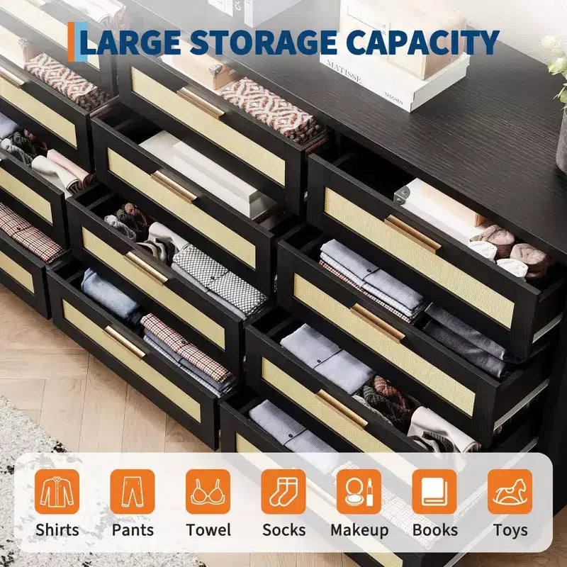 12 Drawer Dresser for Bedroom, Modern Farmhouse Rattan Chest of Drawers with Handles, Wood Dresser for Closet, Living Room, Entryway, and Hallway