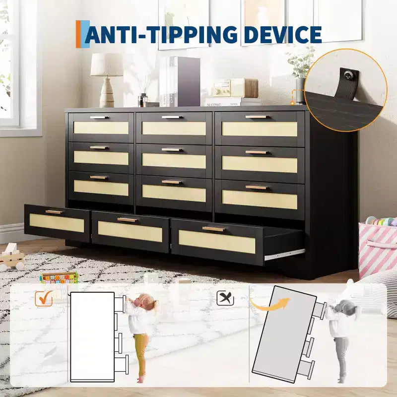 12 Drawer Dresser for Bedroom, Modern Farmhouse Rattan Chest of Drawers with Handles, Wood Dresser for Closet, Living Room, Entryway, and Hallway