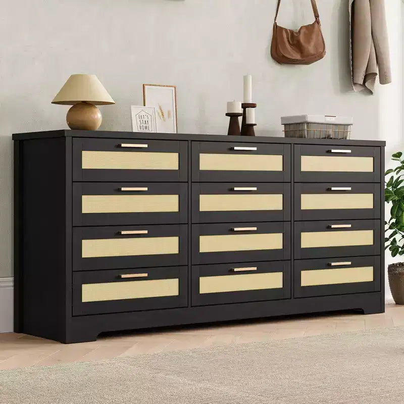 12 Drawer Dresser for Bedroom, Modern Farmhouse Rattan Chest of Drawers with Handles, Wood Dresser for Closet, Living Room, Entryway, and Hallway