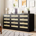 12 Drawer Dresser for Bedroom, Modern Farmhouse Rattan Chest of Drawers with Handles, Wood Dresser for Closet, Living Room, Entryway, and Hallway