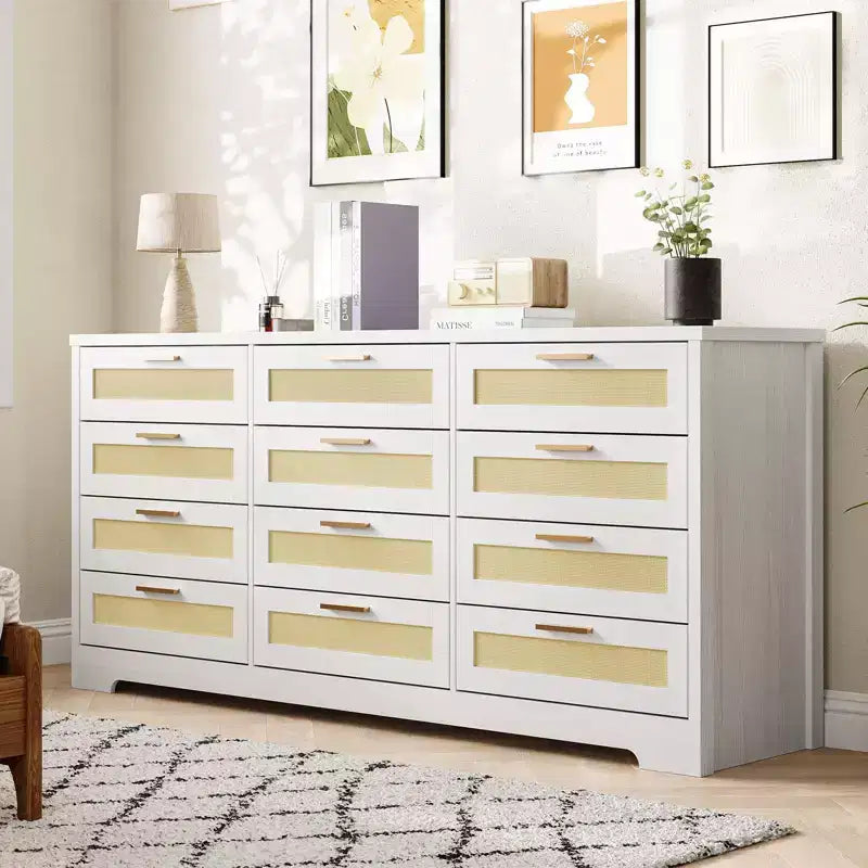 12 Drawer Dresser for Bedroom, Modern Farmhouse Rattan Chest of Drawers with Handles, Wood Dresser for Closet, Living Room, Entryway, and Hallway