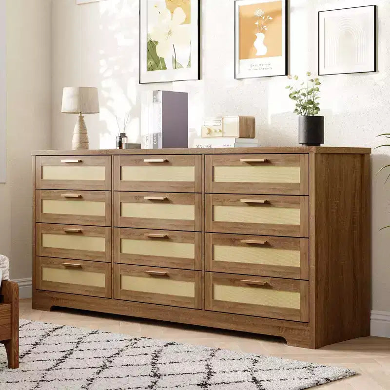 12 Drawer Dresser for Bedroom, Modern Farmhouse Rattan Chest of Drawers with Handles, Wood Dresser for Closet, Living Room, Entryway, and Hallway