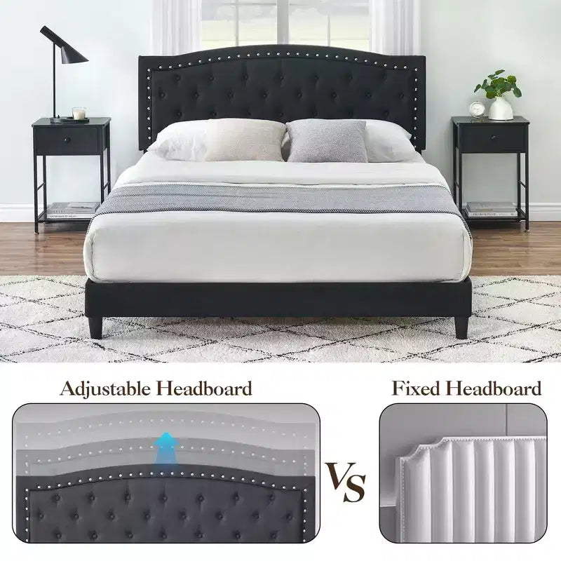Full/Queen Size Platform Bed Frame, Modern Upholstered Bed Frame with a Height-Adjustable Button-Tufted Headboard, Noise Free Wood Slats Mattress
