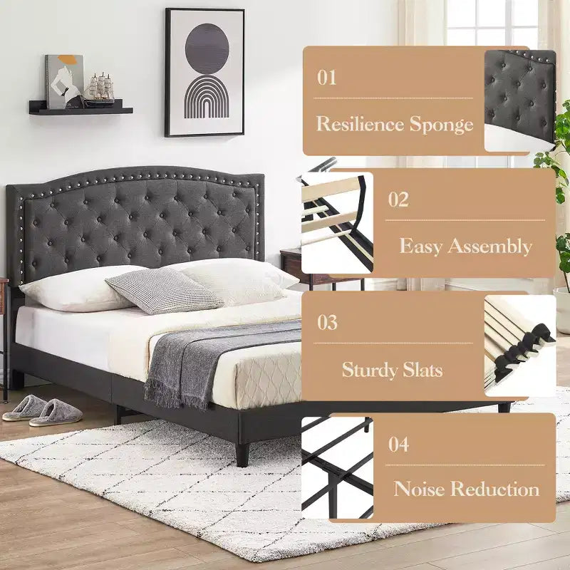 Full/Queen Size Platform Bed Frame, Modern Upholstered Bed Frame with a Height-Adjustable Button-Tufted Headboard, Noise Free Wood Slats Mattress