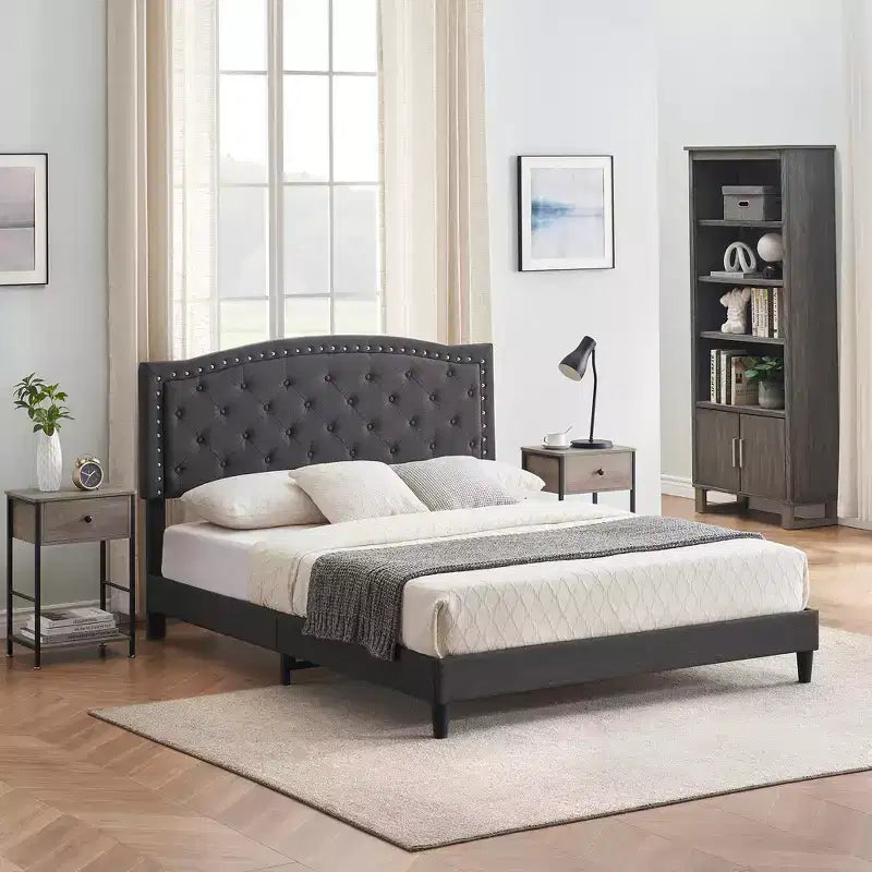 Full/Queen Size Platform Bed Frame, Modern Upholstered Bed Frame with a Height-Adjustable Button-Tufted Headboard, Noise Free Wood Slats Mattress