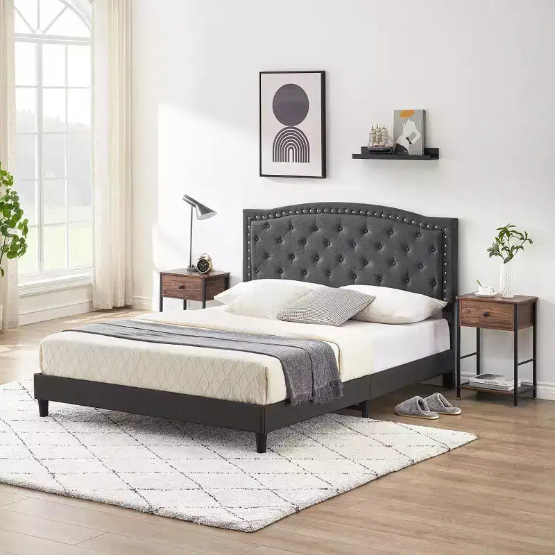 Full/Queen Size Platform Bed Frame, Modern Upholstered Bed Frame with a Height-Adjustable Button-Tufted Headboard, Noise Free Wood Slats Mattress