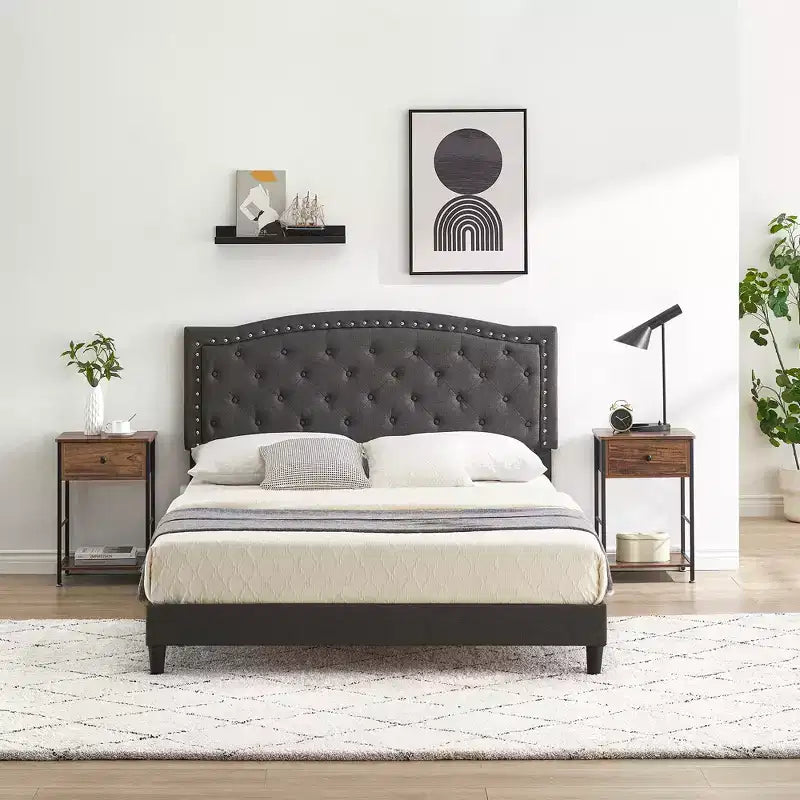 Full/Queen Size Platform Bed Frame, Modern Upholstered Bed Frame with a Height-Adjustable Button-Tufted Headboard, Noise Free Wood Slats Mattress