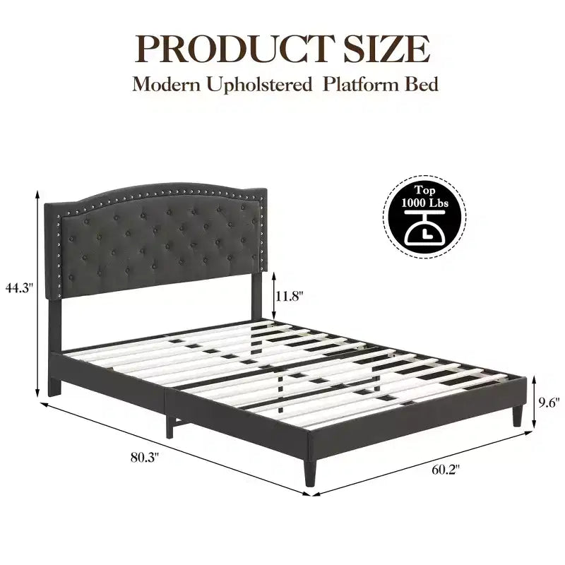 Full/Queen Size Platform Bed Frame, Modern Upholstered Bed Frame with a Height-Adjustable Button-Tufted Headboard, Noise Free Wood Slats Mattress