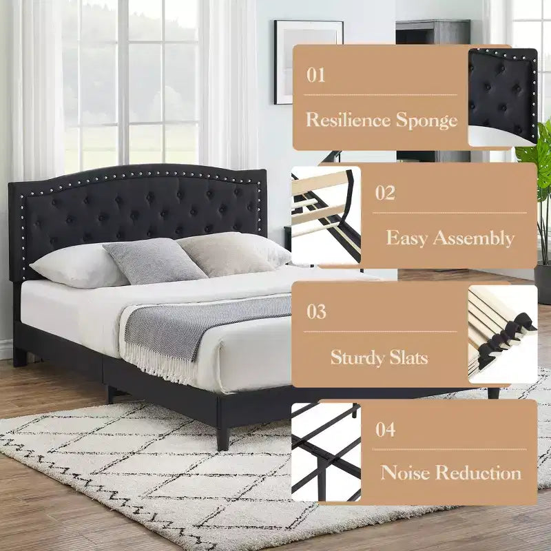 Full/Queen Size Platform Bed Frame, Modern Upholstered Bed Frame with a Height-Adjustable Button-Tufted Headboard, Noise Free Wood Slats Mattress