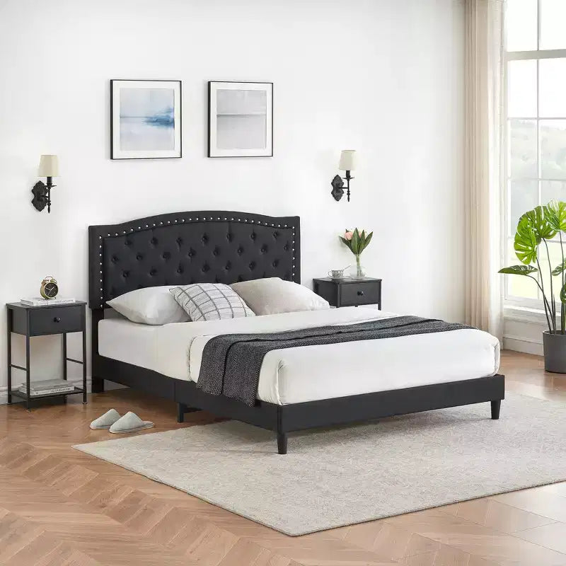 Full/Queen Size Platform Bed Frame, Modern Upholstered Bed Frame with a Height-Adjustable Button-Tufted Headboard, Noise Free Wood Slats Mattress