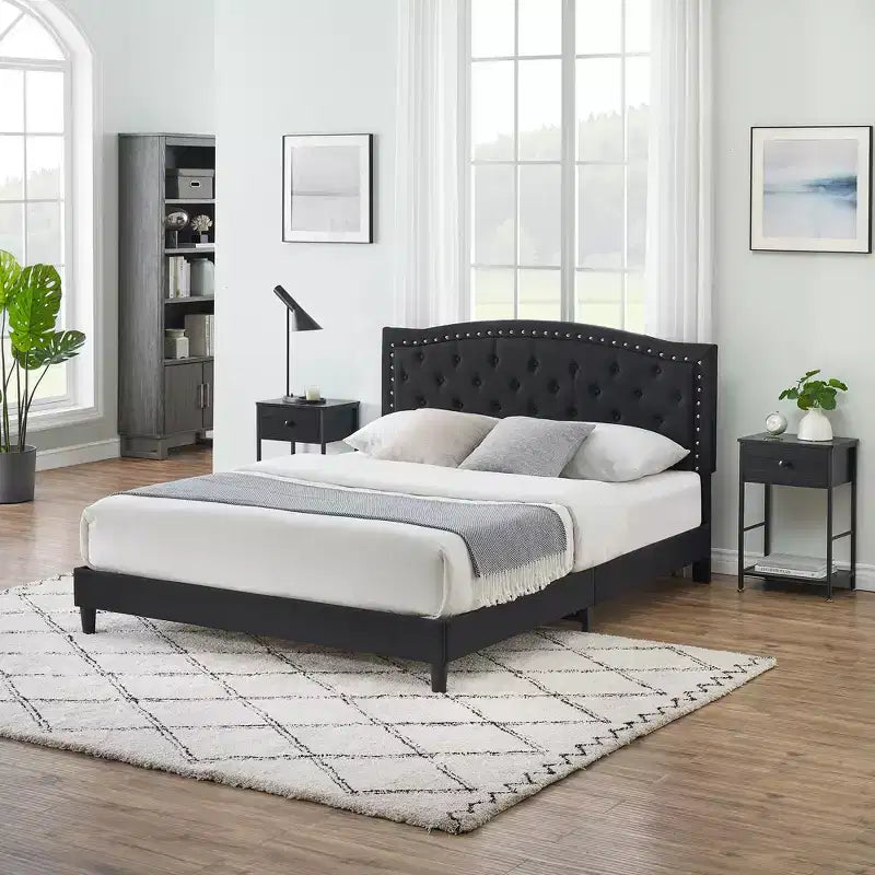 Full/Queen Size Platform Bed Frame, Modern Upholstered Bed Frame with a Height-Adjustable Button-Tufted Headboard, Noise Free Wood Slats Mattress