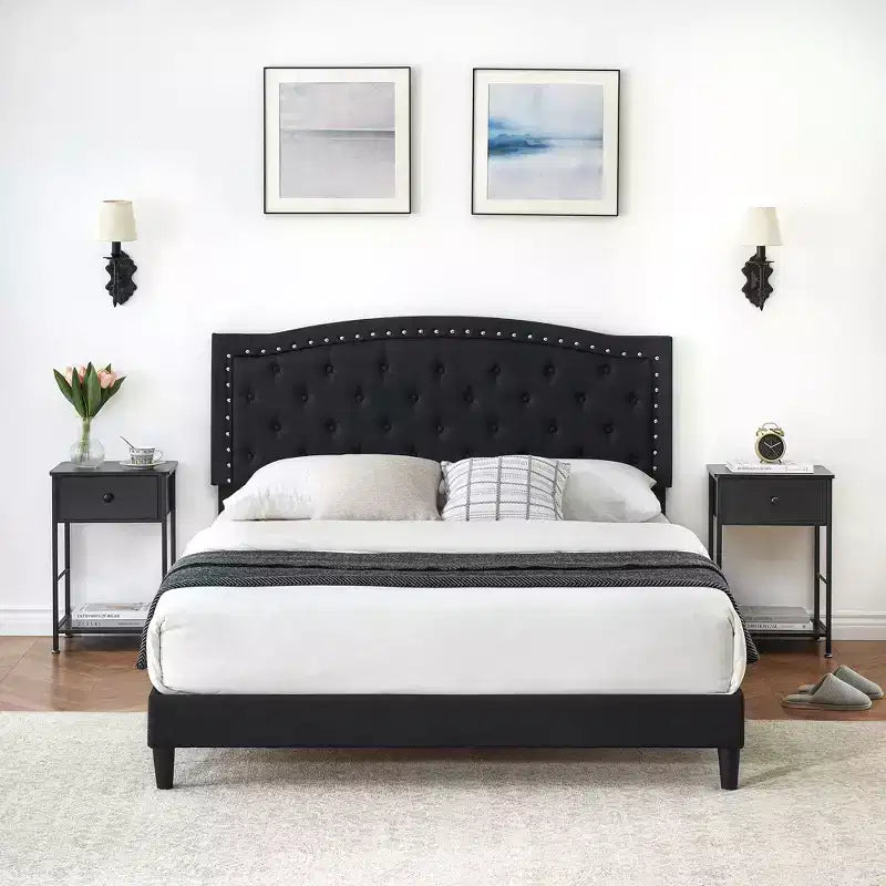 Full/Queen Size Platform Bed Frame, Modern Upholstered Bed Frame with a Height-Adjustable Button-Tufted Headboard, Noise Free Wood Slats Mattress