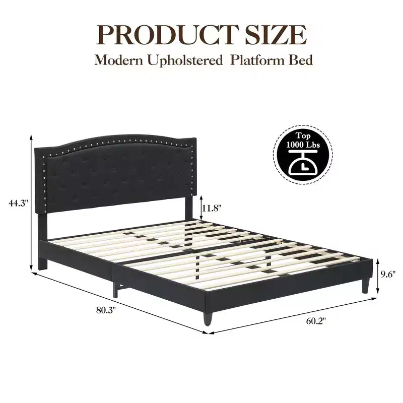 Full/Queen Size Platform Bed Frame, Modern Upholstered Bed Frame with a Height-Adjustable Button-Tufted Headboard, Noise Free Wood Slats Mattress