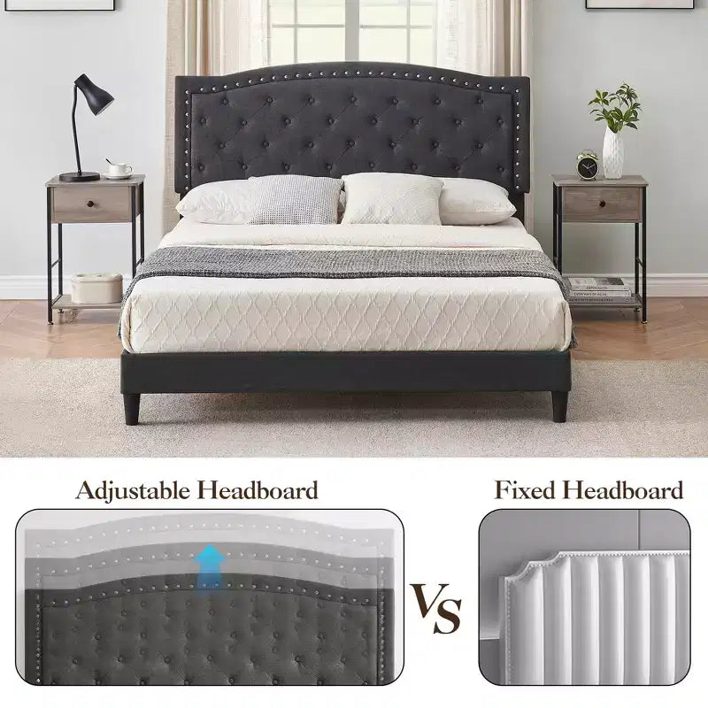 Full/Queen Size Platform Bed Frame, Modern Upholstered Bed Frame with a Height-Adjustable Button-Tufted Headboard, Noise Free Wood Slats Mattress