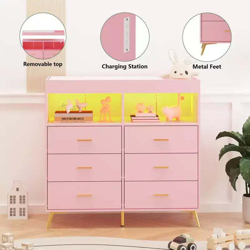 6 Drawer Dresser, Baby Changing Table Dresser, Convertible Nursery Dresser for Infant Essentials, Modern Changing Table Top with Pad Included