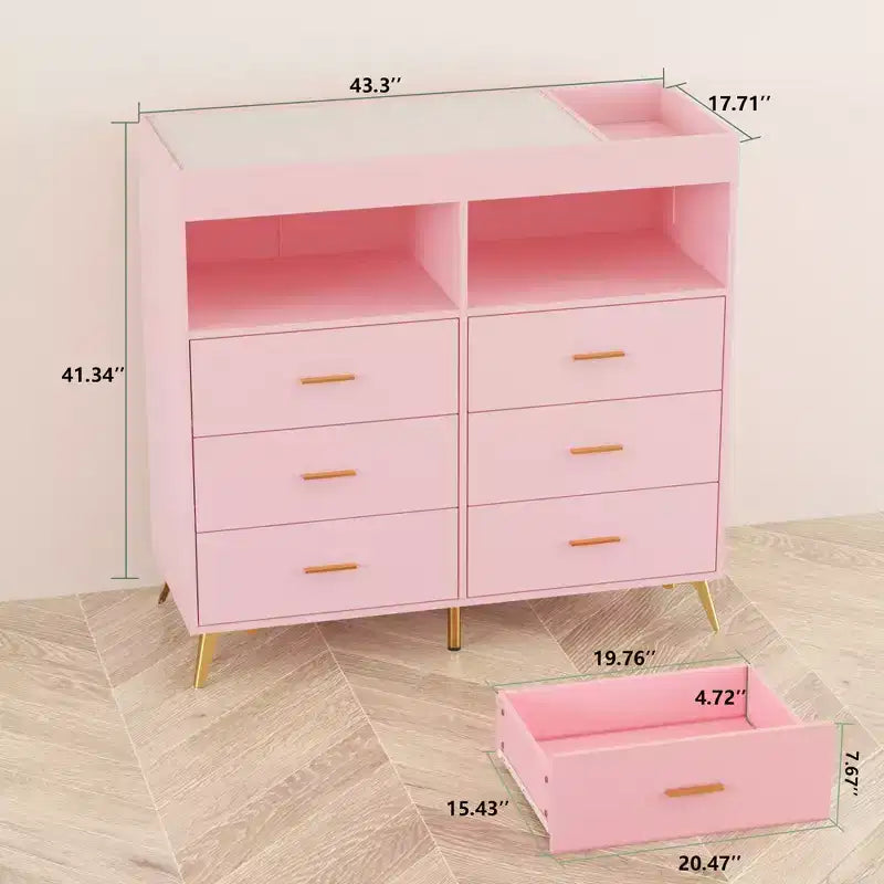 6 Drawer Dresser, Baby Changing Table Dresser, Convertible Nursery Dresser for Infant Essentials, Modern Changing Table Top with Pad Included
