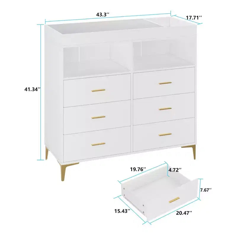 6 Drawer Dresser, Baby Changing Table Dresser, Convertible Nursery Dresser for Infant Essentials, Modern Changing Table Top with Pad Included