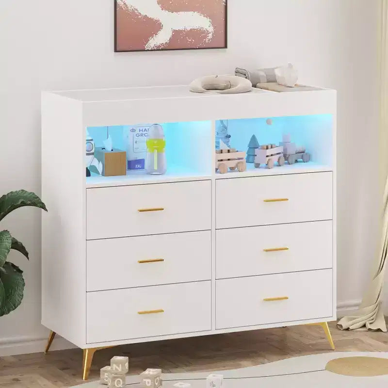 6 Drawer Dresser, Baby Changing Table Dresser, Convertible Nursery Dresser for Infant Essentials, Modern Changing Table Top with Pad Included