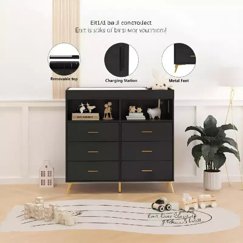 6 Drawer Dresser, Baby Changing Table Dresser, Convertible Nursery Dresser for Infant Essentials, Modern Changing Table Top with Pad Included