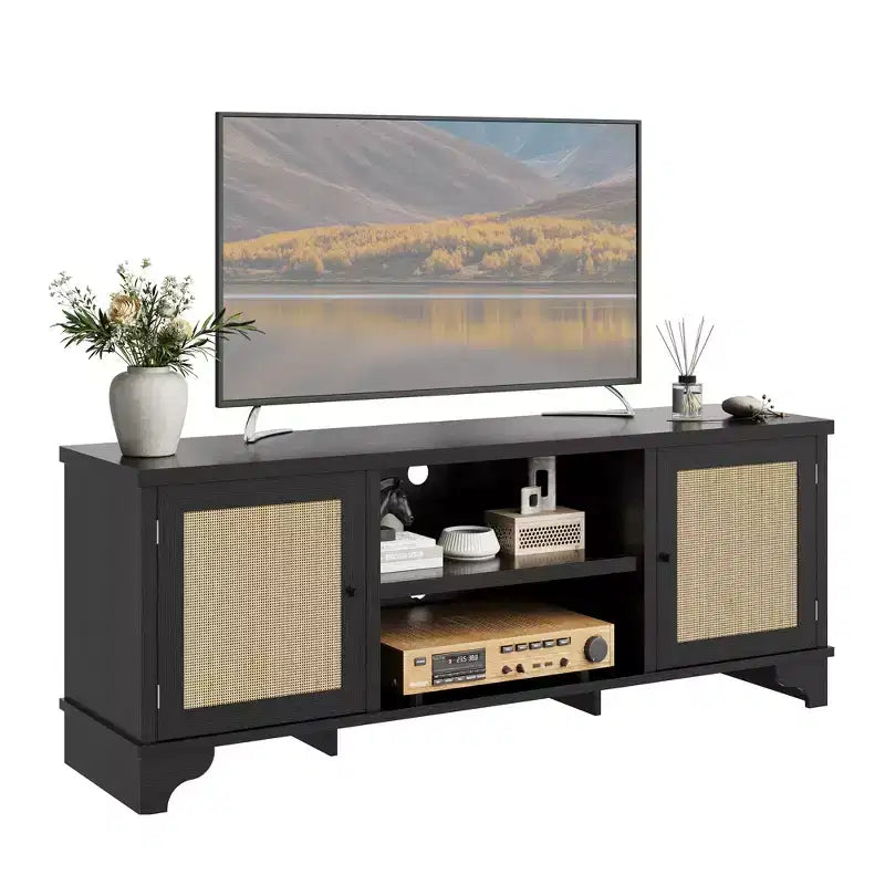 Rattan TV Stand Fits TVs Up to 70 Inches, Farmhouse Entertainment Center with 2 Cabinets and Open Shelves, Wooden Media Console Table for Living Room