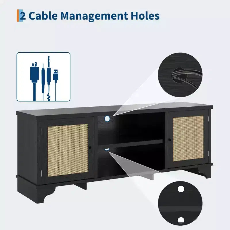 Rattan TV Stand Fits TVs Up to 70 Inches, Farmhouse Entertainment Center with 2 Cabinets and Open Shelves, Wooden Media Console Table for Living Room
