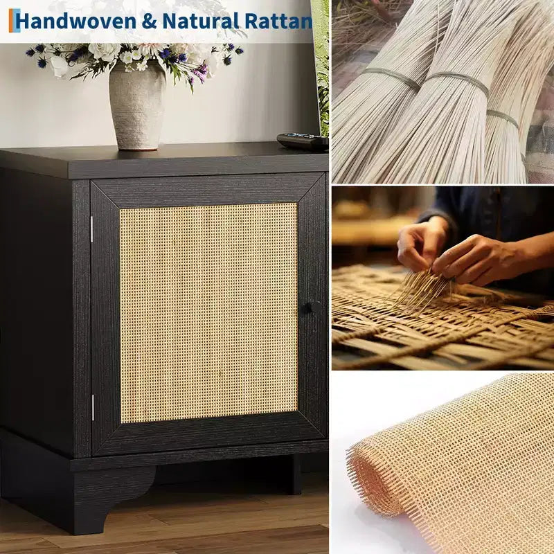Rattan TV Stand Fits TVs Up to 70 Inches, Farmhouse Entertainment Center with 2 Cabinets and Open Shelves, Wooden Media Console Table for Living Room