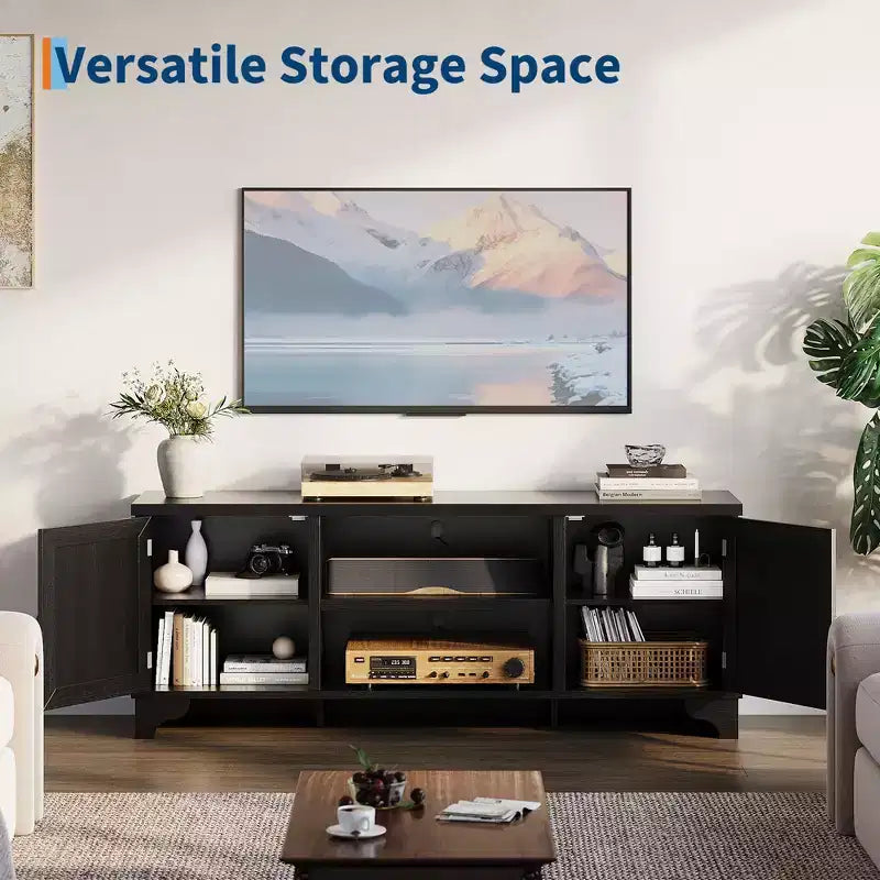 Rattan TV Stand Fits TVs Up to 70 Inches, Farmhouse Entertainment Center with 2 Cabinets and Open Shelves, Wooden Media Console Table for Living Room