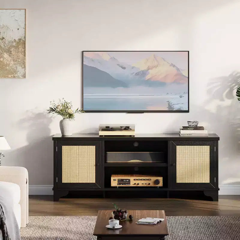Rattan TV Stand Fits TVs Up to 70 Inches, Farmhouse Entertainment Center with 2 Cabinets and Open Shelves, Wooden Media Console Table for Living Room